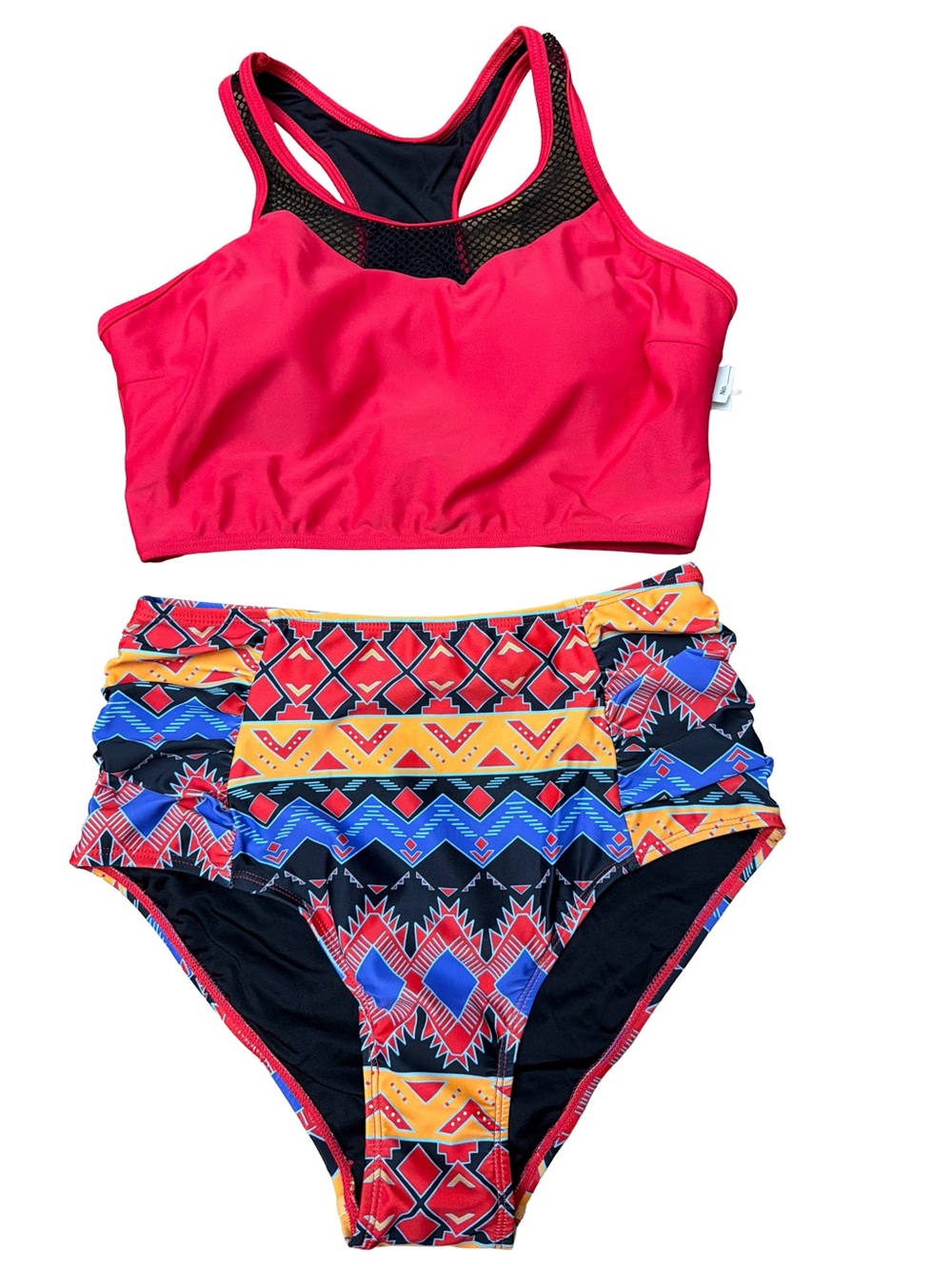 Women 2 PC Vintage Mesh Native American Patchwork Swimsuit / Tankini, Size Small